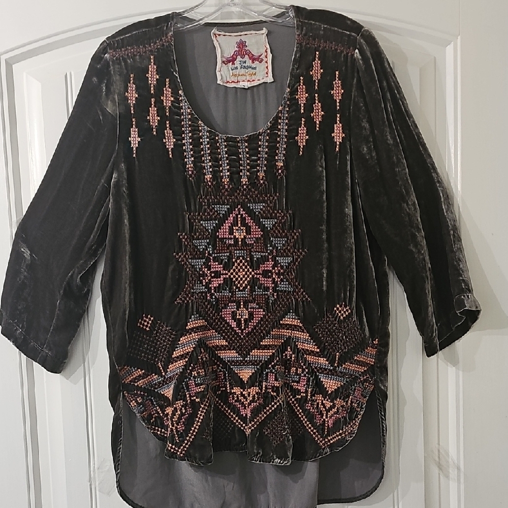 Johnny Was Dark Grey/Black Velvet Blouse with Pink Embroidery